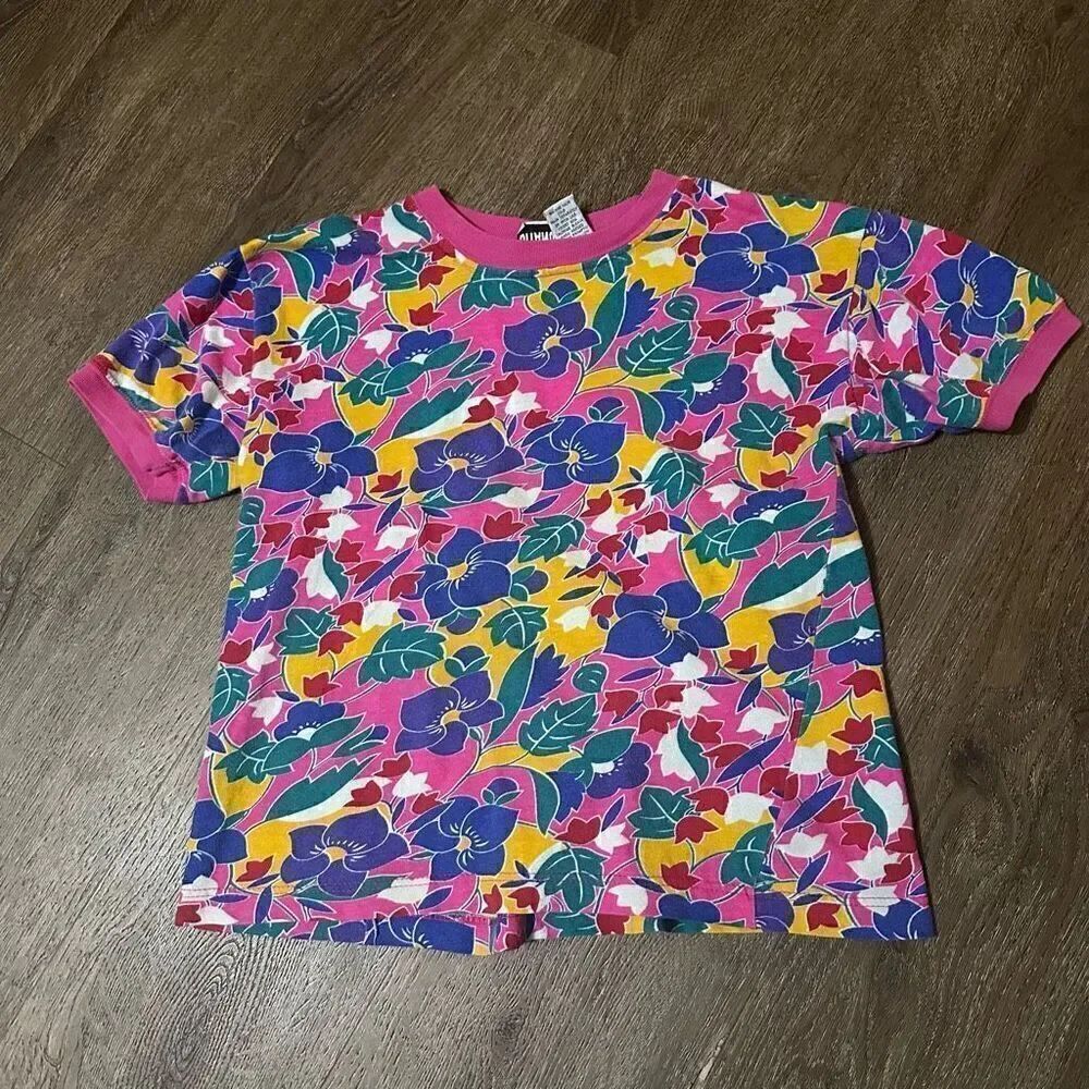 Vintage Gitano Girls Floral Ringer Shirt Pink Girls Size L 14 Cotton Retro 90s